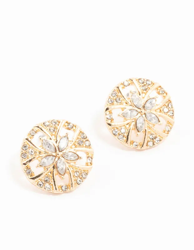 Gold Diamante Disc Flower Stud Earrings sold by lovisa