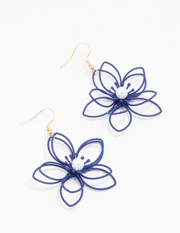 Gold & Navy Blue Wire Pearl Drop Earrings sold by lovisa