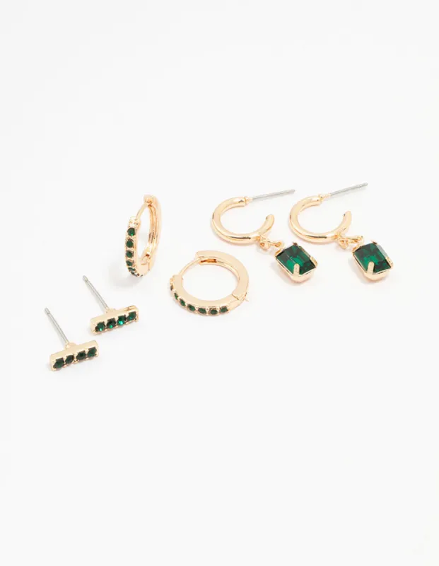 Gold Emerald Stud Earring 3-Pack sold by lovisa