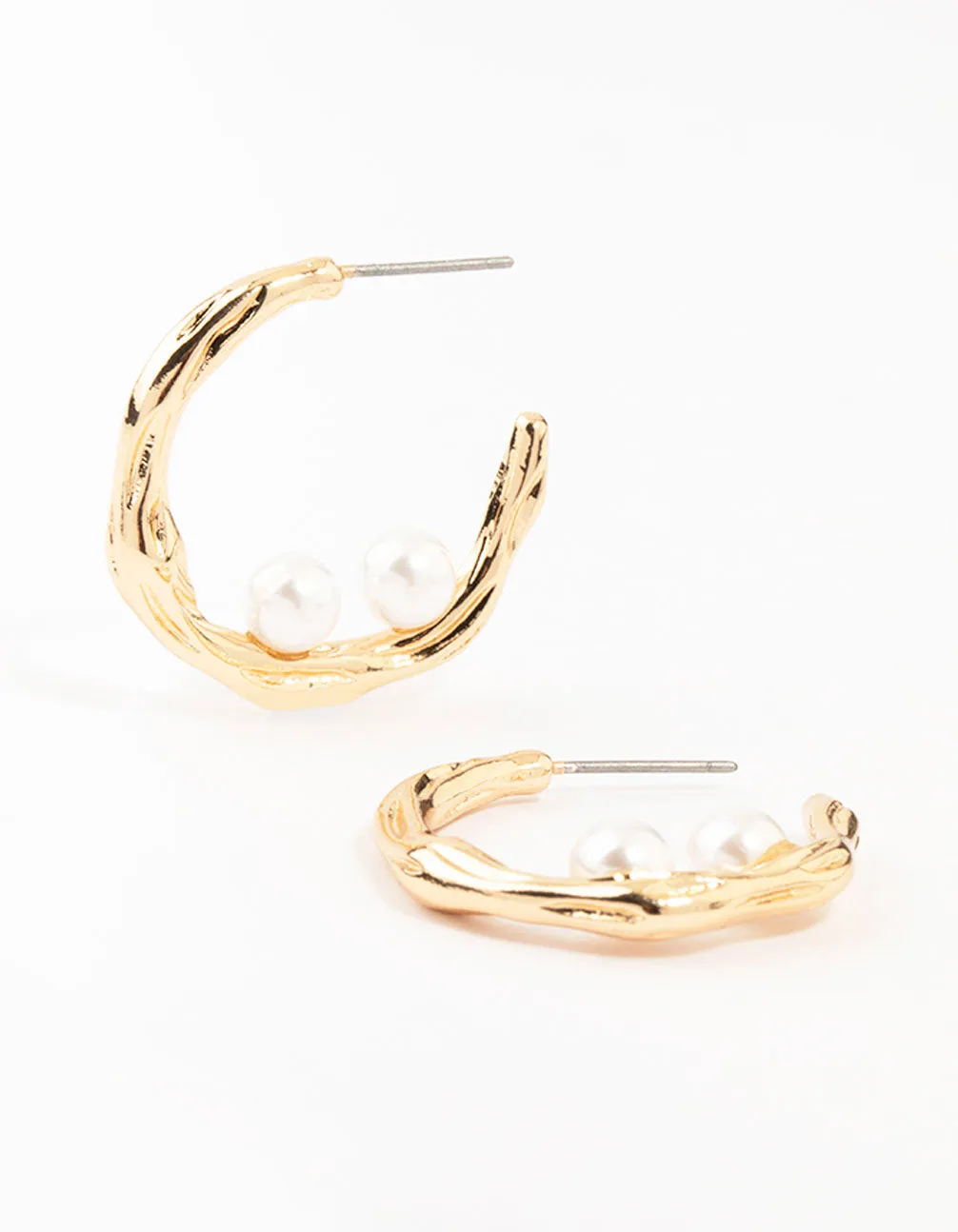 Hammered Gold Pearl Hoop Earrings sold by lovisa