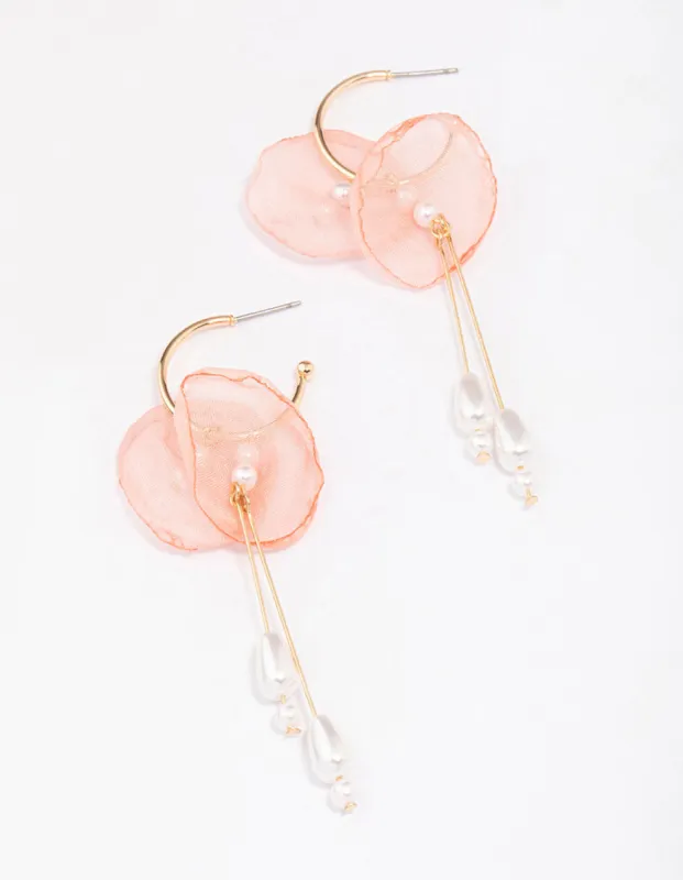 Gold Fabric Flower Pearl Drop Earrings sold by lovisa