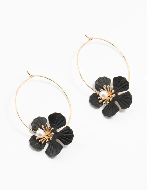 Gold & Black Coated Textured Pearl Flower Hoop Earrings sold by lovisa