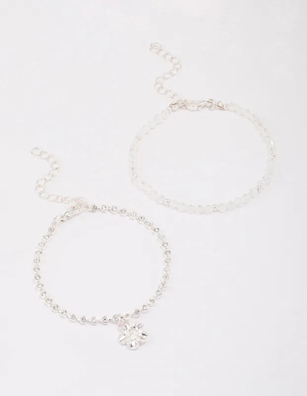 Silver Beaded Diamante Flower Bracelet Pack sold by lovisa
