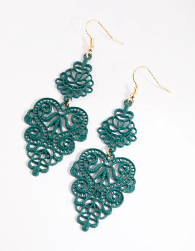 Matte Green Filigree Drop Earrings sold by lovisa