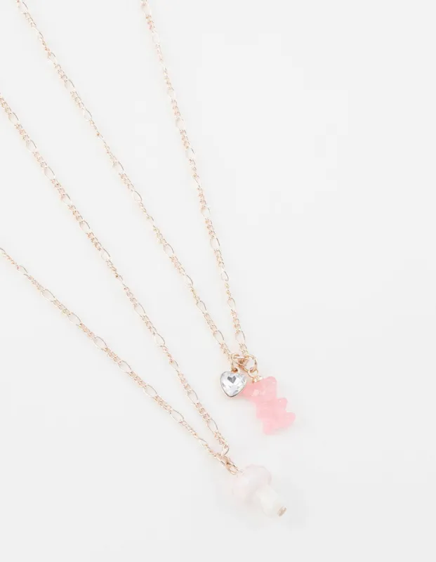 Rose Gold Teddy & Mushroom Short Necklace Pack sold by lovisa
