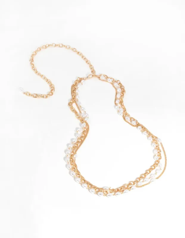 Gold Chain & Pearl Layered Belt sold by lovisa