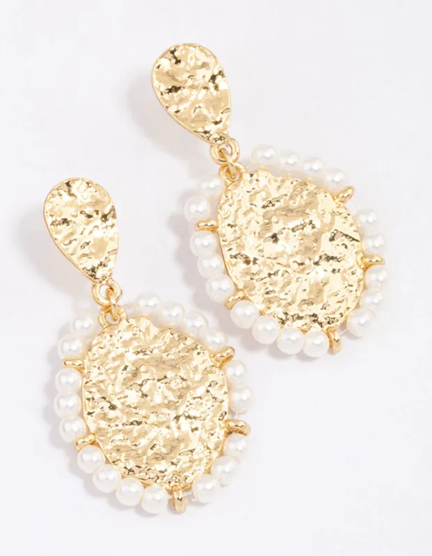 Gold Plated Molten Disc Freshwater Pearl Drop Earrings sold by lovisa