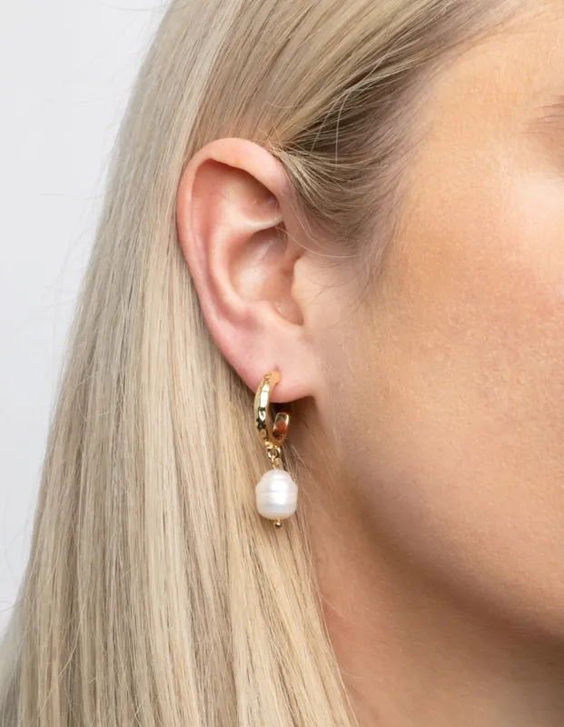 Gold Plated Freshwater Pearl Molten Hoop Earrings sold by lovisa