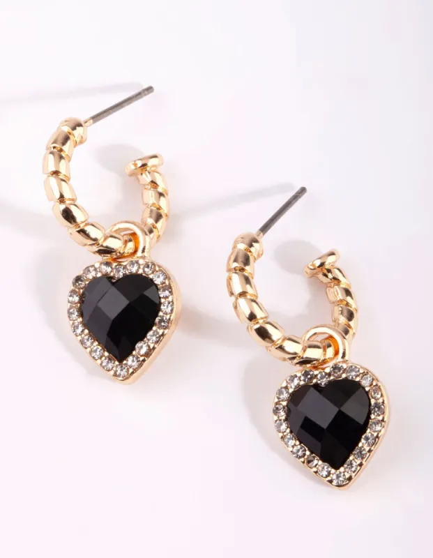 Gold Black Diamante Heart Huggie Earrings sold by lovisa