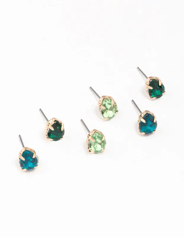 Gold & Green Pear Diamante Stud Earring 3-Pack sold by lovisa