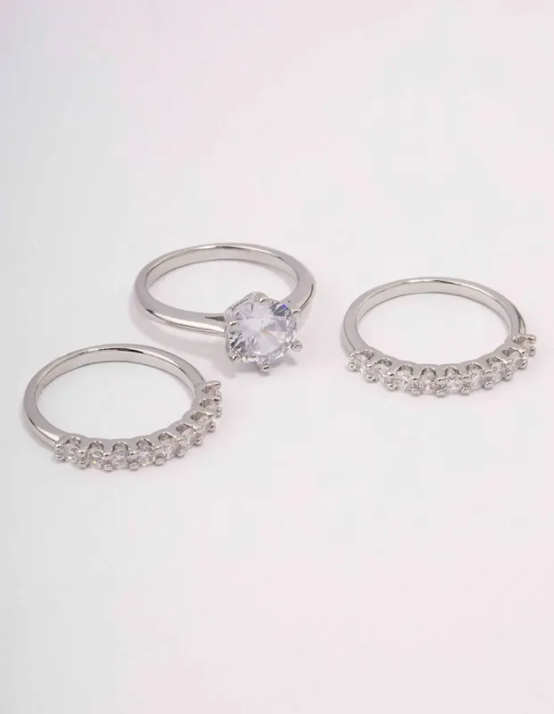 Rhodium Pave Solitaire Ring 3-Pack sold by lovisa