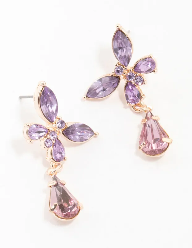 Rose Gold Diamante Purple Butterfly Pear Drop Earrings sold by lovisa