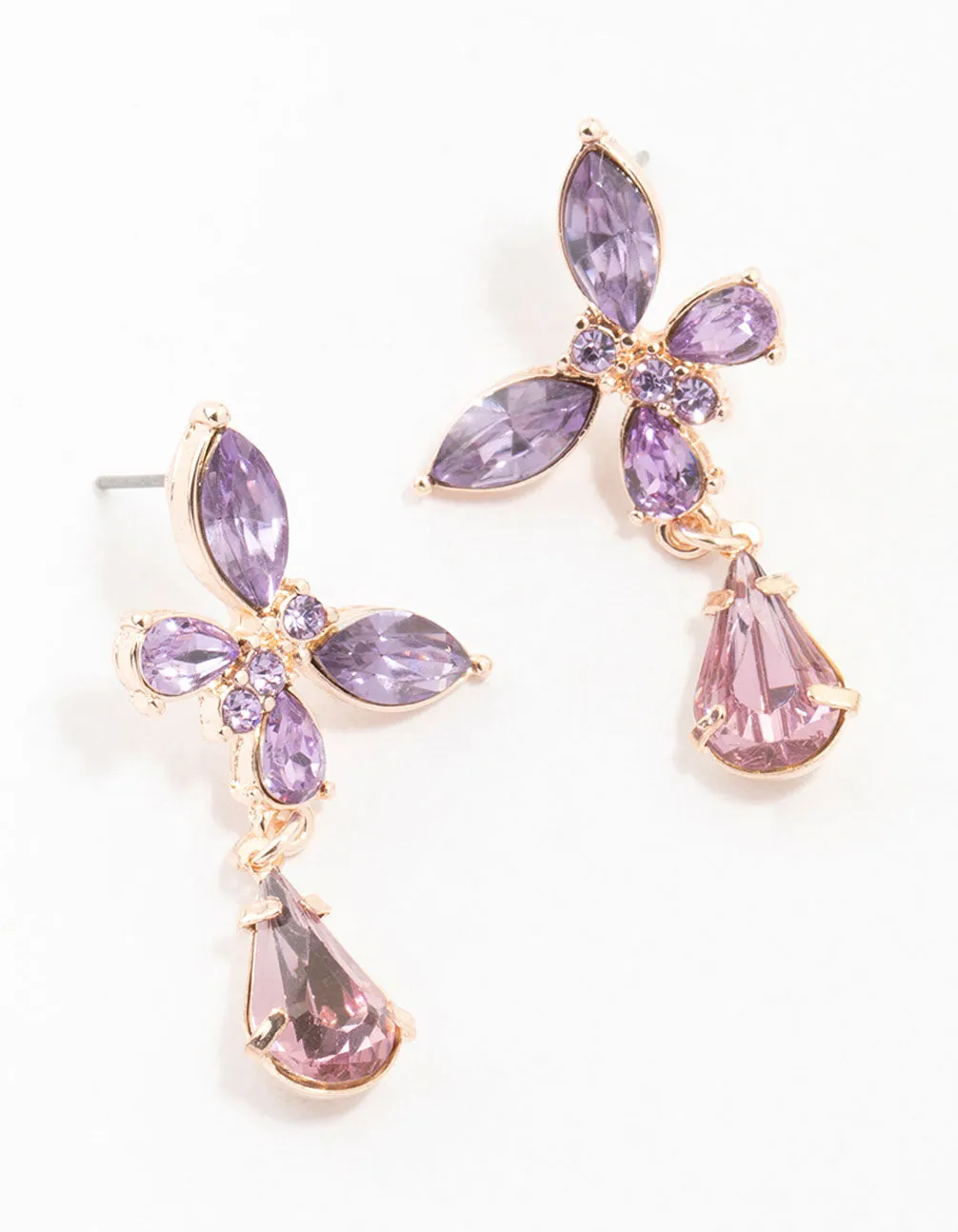 Rose Gold Diamante Purple Butterfly Pear Drop Earrings sold by lovisa