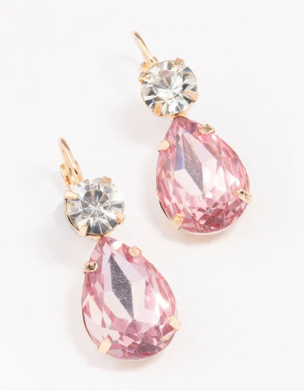 Gold Pink Pear Crystal Drop Earrings sold by lovisa