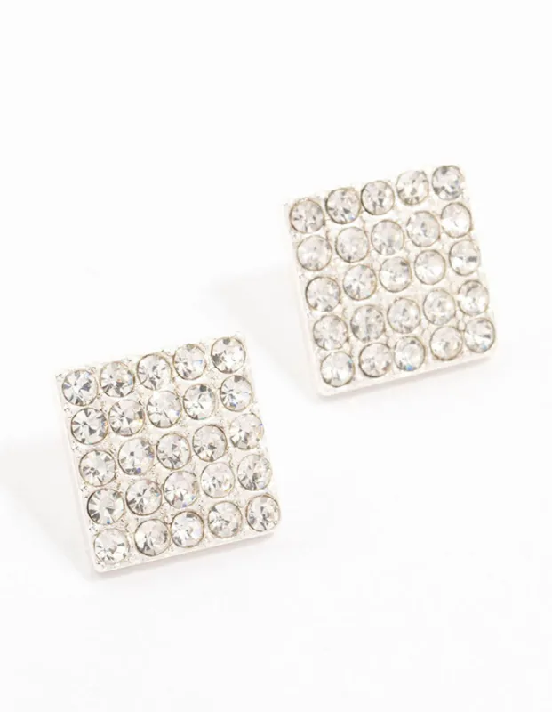 Silver Pave Diamante Square Stud Earrings sold by lovisa