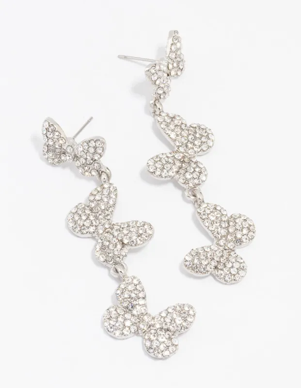 Rhodium Triple Butterfly Diamante Drop Earrings sold by lovisa