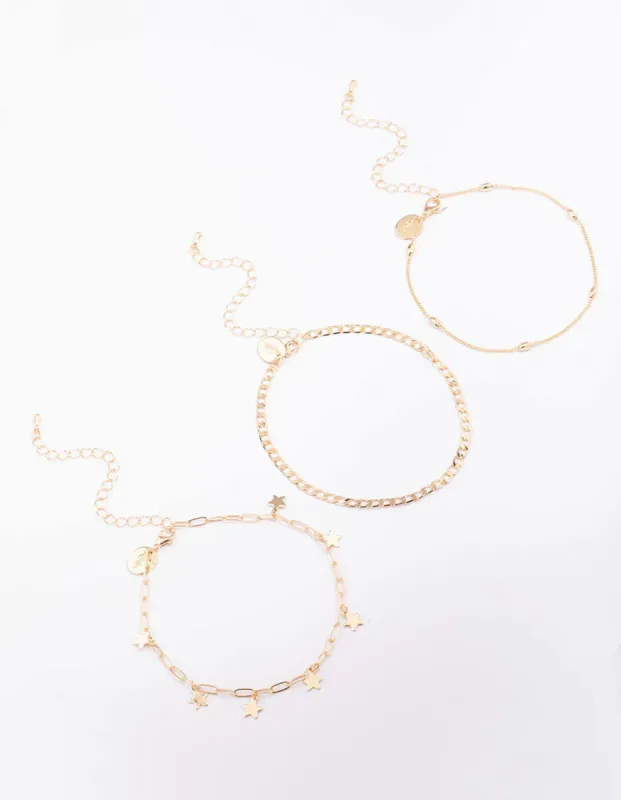 Gold Mixed Star Chain Anklet 3-Pack sold by lovisa