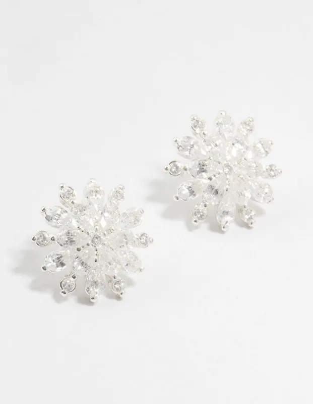 Large Silver Plated Round Floral Cubic Zirconia Stud Earrings sold by lovisa