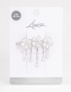 Rhodium Cubic Zirconia Triple Flower Droplet Hair Clips Pack sold by lovisa