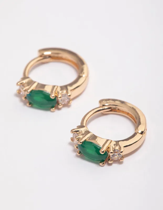 Gold & Green Stone Diamante Mini Huggie Earrings sold by lovisa