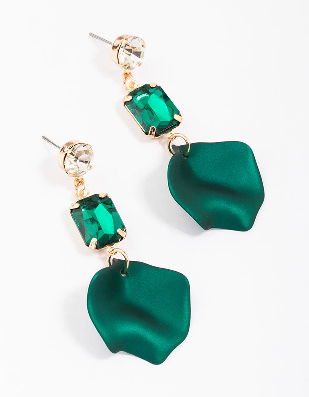 Gold Emerald Rectangular Diamante Petal Drop Earrings sold by lovisa