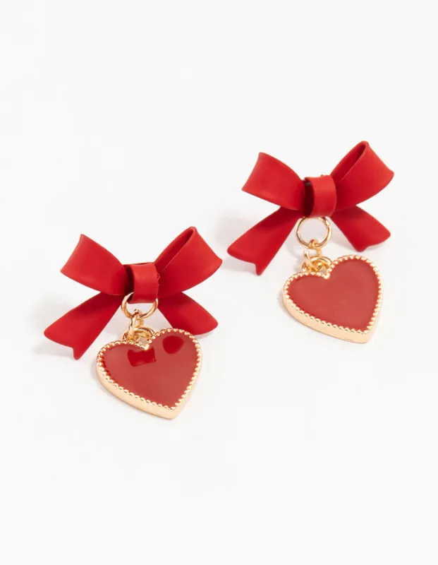 Red & Gold Coated Bow Drop Heart Stud Earrings sold by lovisa