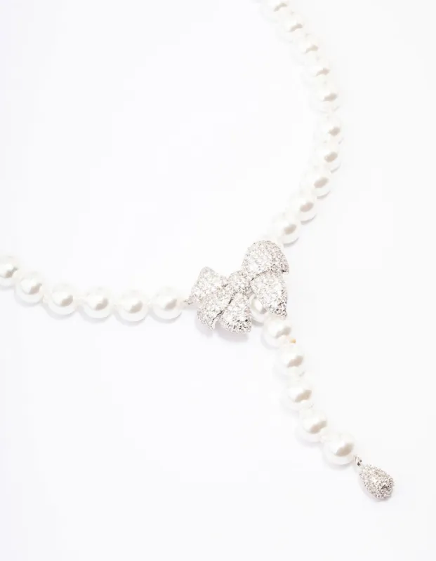 Rhodium Cubic Zirconia Pearl Y-Shape Necklace sold by lovisa