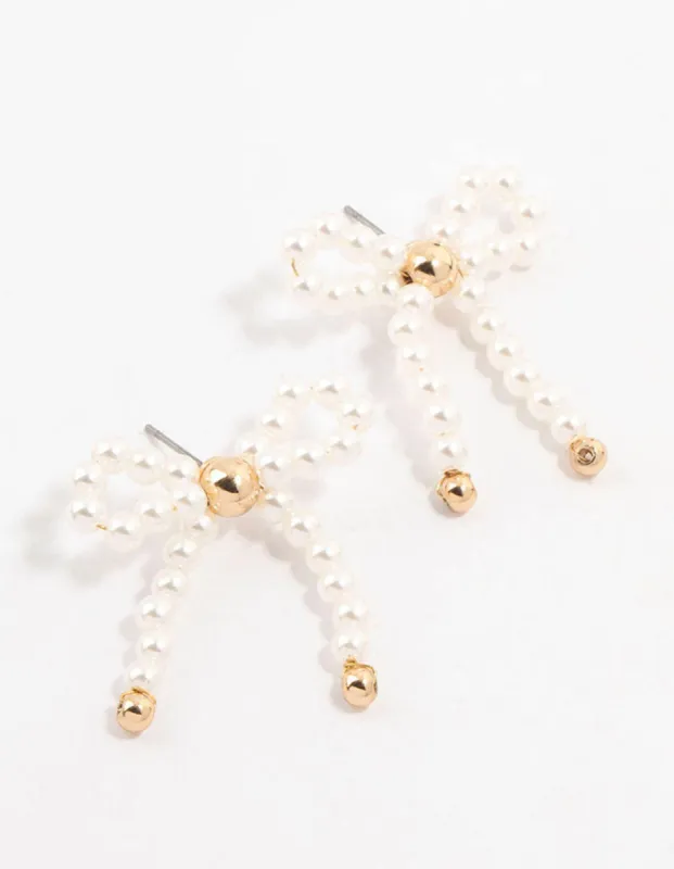 Gold Pearl Beaded Bow Stud Earrings sold by lovisa
