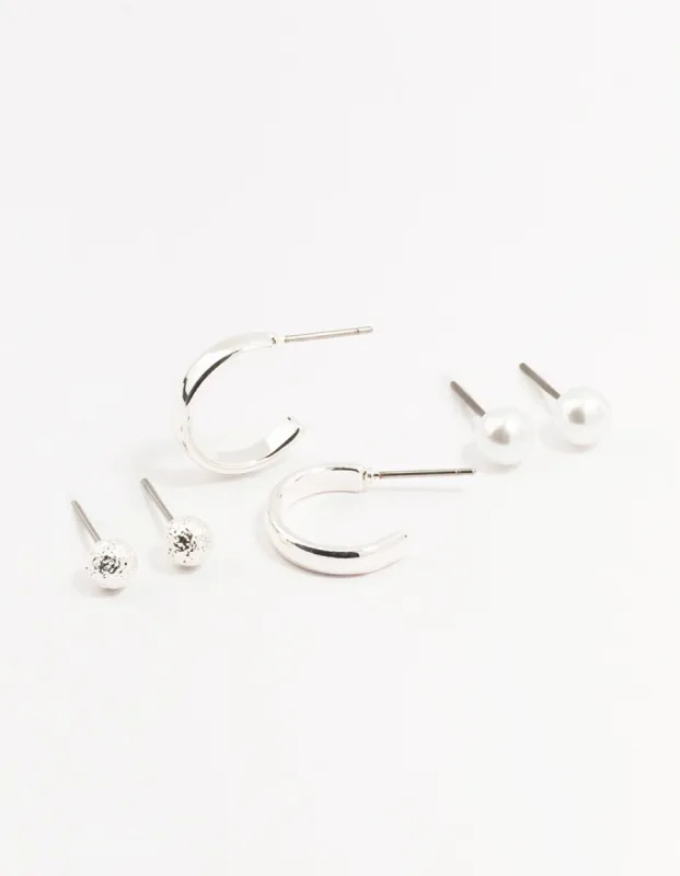 Silver Pearl Stud & Hoop Earrings 3-Pack sold by lovisa