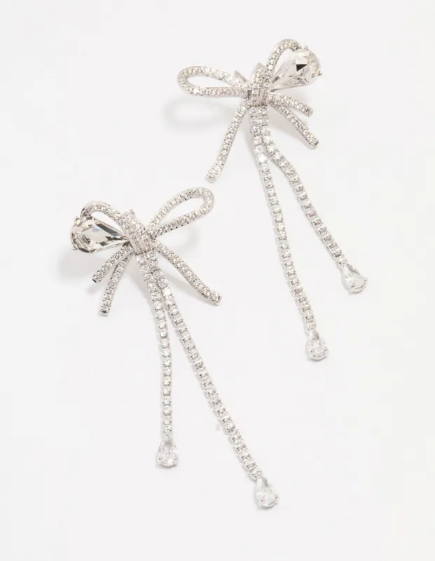 Silver Cubic Zirconia Large Bow Drop Earrings sold by lovisa