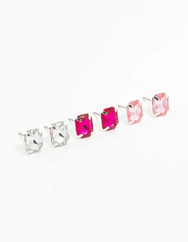 Silver Rectangular Diamante Stud Earrings 3-Pack sold by lovisa