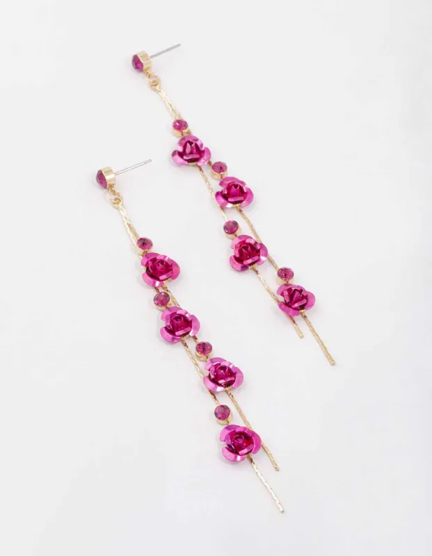 Gold Climbing Hot Pink Rose Drop Earrings sold by lovisa