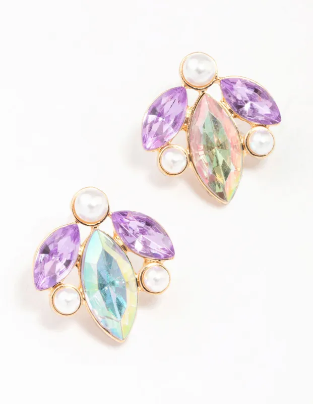 Gold Crystal & Pearl Marquise Stud Earrings sold by lovisa