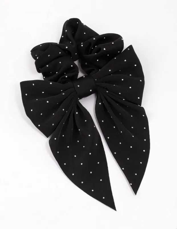 Black Fabric Bow Diamante Hair Scrunchie sold by lovisa
