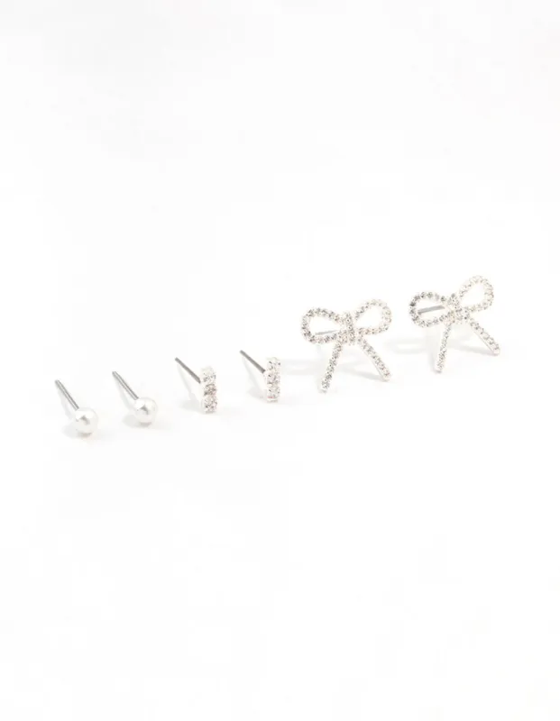 Pearl & Bow Cubic Zirconia Stud Earrings Pack sold by lovisa
