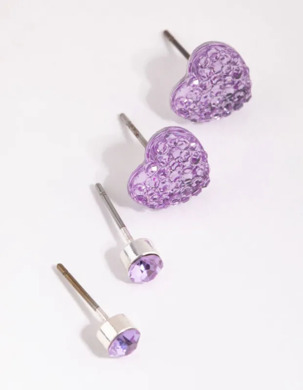 Purple Diamante & Heart Earring Stud Pack sold by lovisa