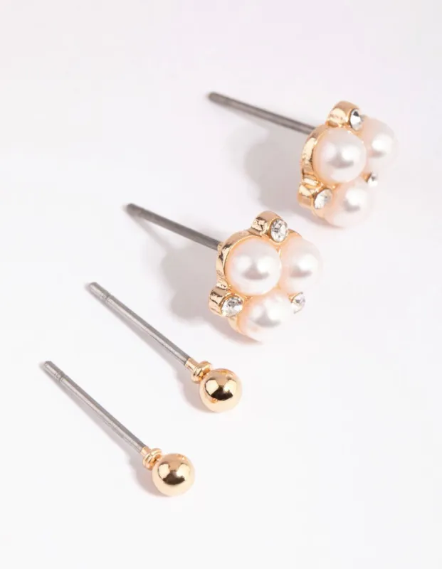 Gold Triple Pearl Stud Earring Set sold by lovisa