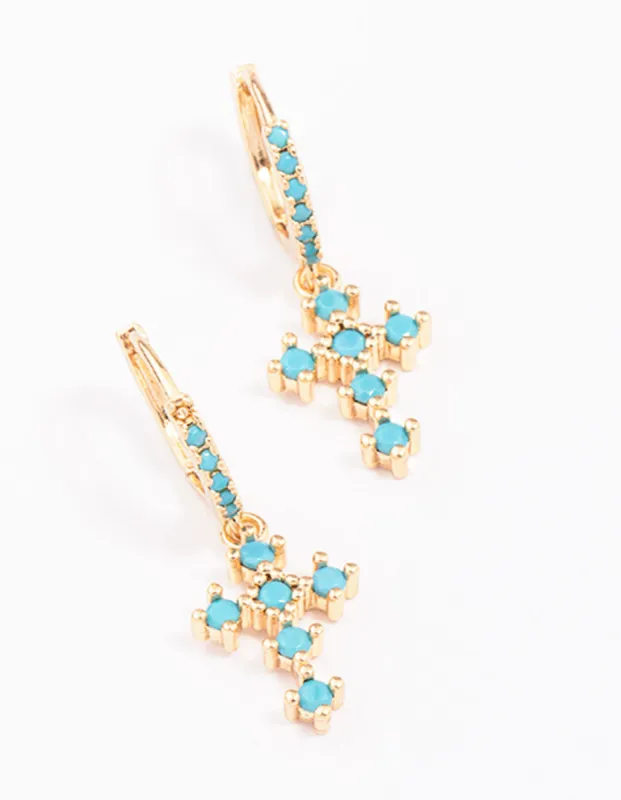 Gold Cubic Zirconia & Turqouise Cross Drop Earrings sold by lovisa