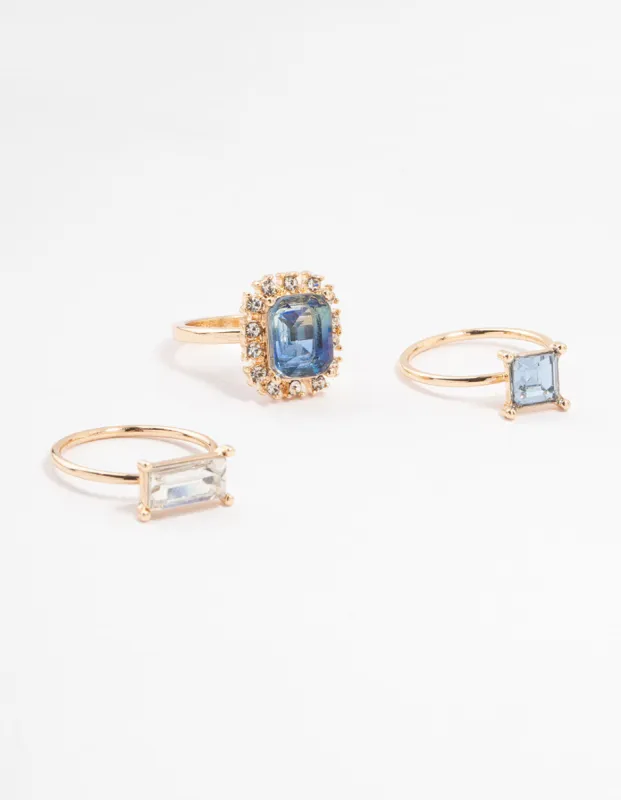 Rose Gold Framed Blue & Silver  Diamante Rings 3-Pack sold by lovisa