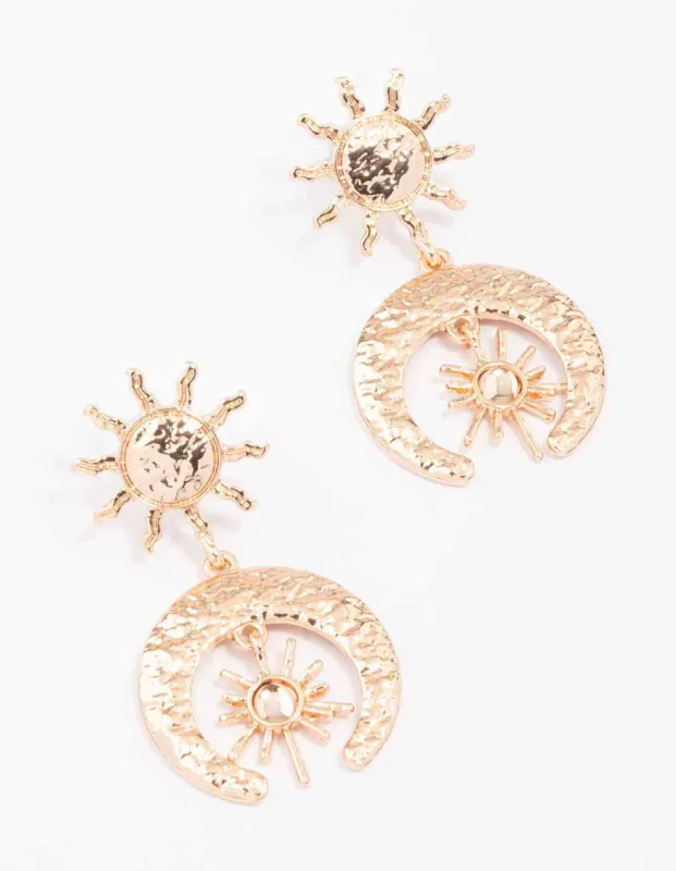 Gold Small Textured Celestial Drop Earrings sold by lovisa
