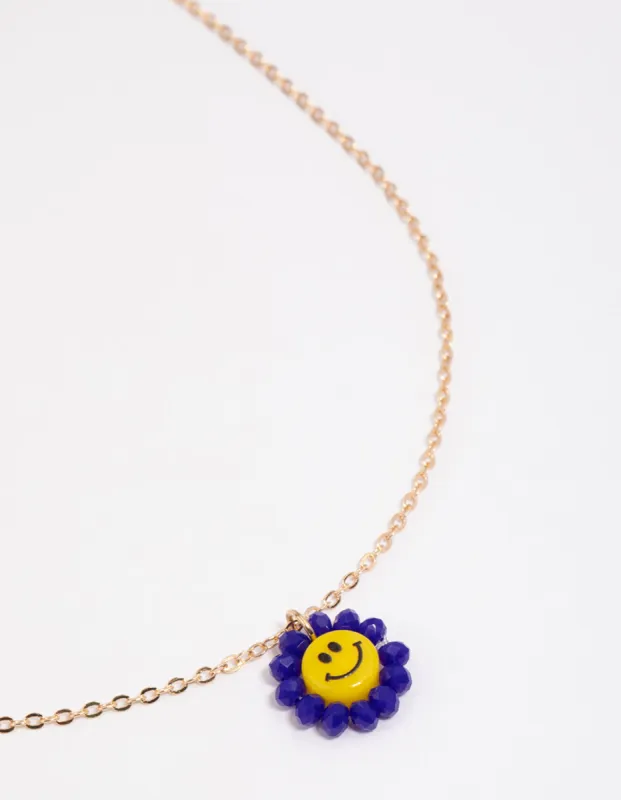 Gold Facet Beaded Smiley Face Pendant Necklace sold by lovisa