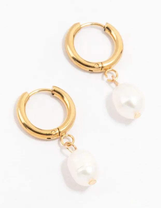 Waterproof Gold Plated Stainless Steel Freshwater Pearl Drop Huggie Earrings sold by lovisa