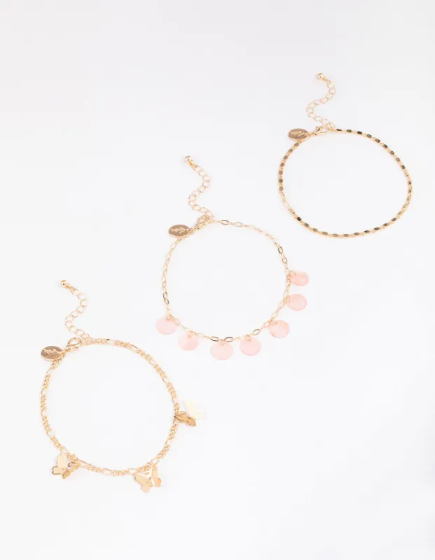 Gold Genuine Shell Butterfly Anklets 3-Pack sold by lovisa