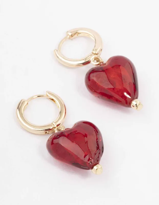 Gold Painted Red Heart Hoop Earrings sold by lovisa