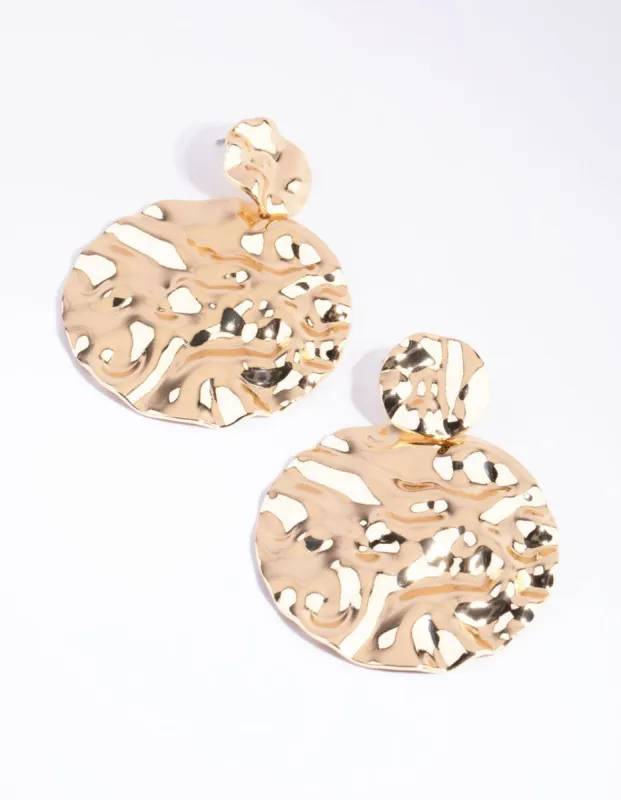 Gold Hammered Circle Drop Earrings sold by lovisa