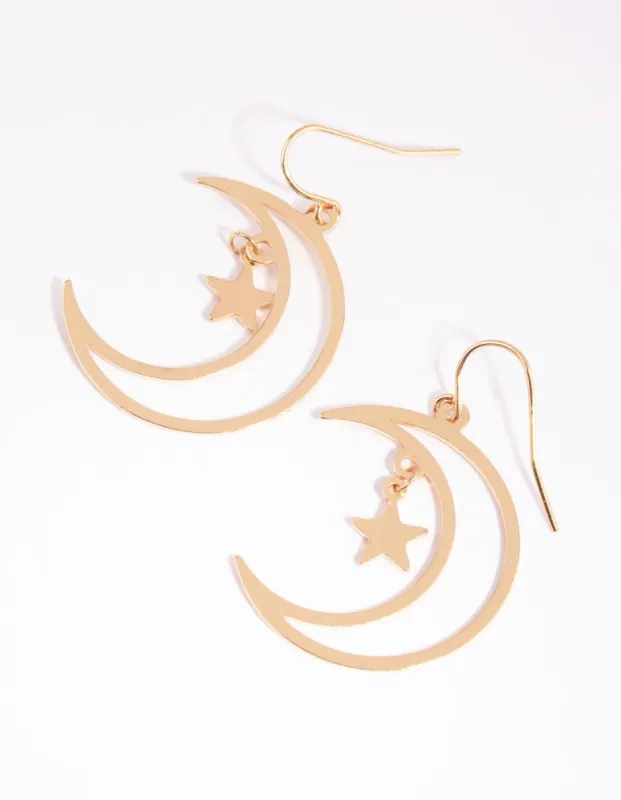 Gold Moon & Star Drop Earrings sold by lovisa