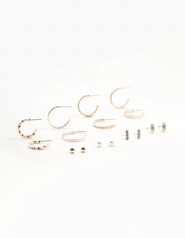 Rose Gold Diamante Pearl Hoop Earrings 8-Pack sold by lovisa