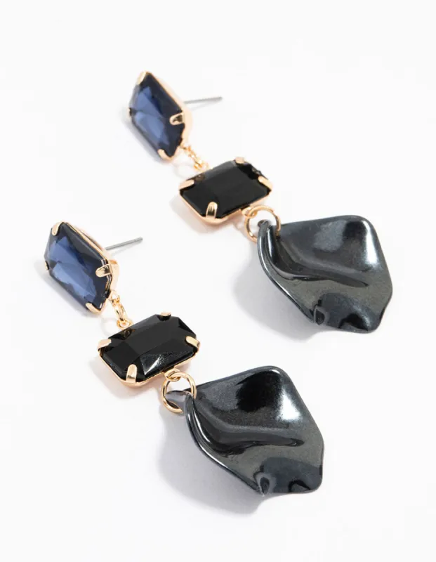 Gold Diamante Black Pearl Petal Drop Earrings sold by lovisa