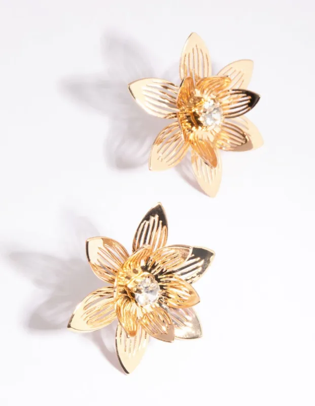 Gold Petal Diamante Stud Earrings sold by lovisa