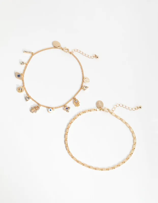 Gold Evil Eye,Hamsa & Chain Charm Anklet Pack sold by lovisa